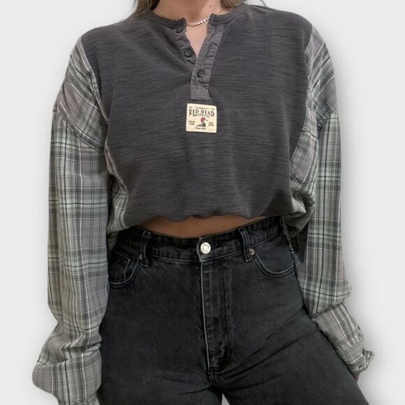 Reworked Upcycled Henley Redhead Gray Long Sleeved Flannel Shirt - Picture 2 of 2